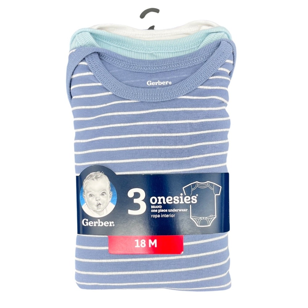 Gerber Onesies Bodysuits Baby 18M Blue‎ White 3 Pack Striped Solid Cotton